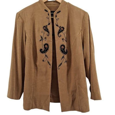 Studio I Womens 14W Faux Suede Open Front Jacket Embroidered Western Boho Fall