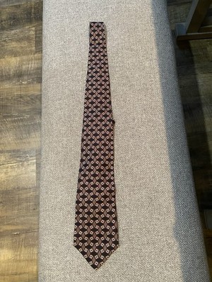 Bene Men's 100% Silk Tie Geometric Brown Red Beige Handmade Pattern
