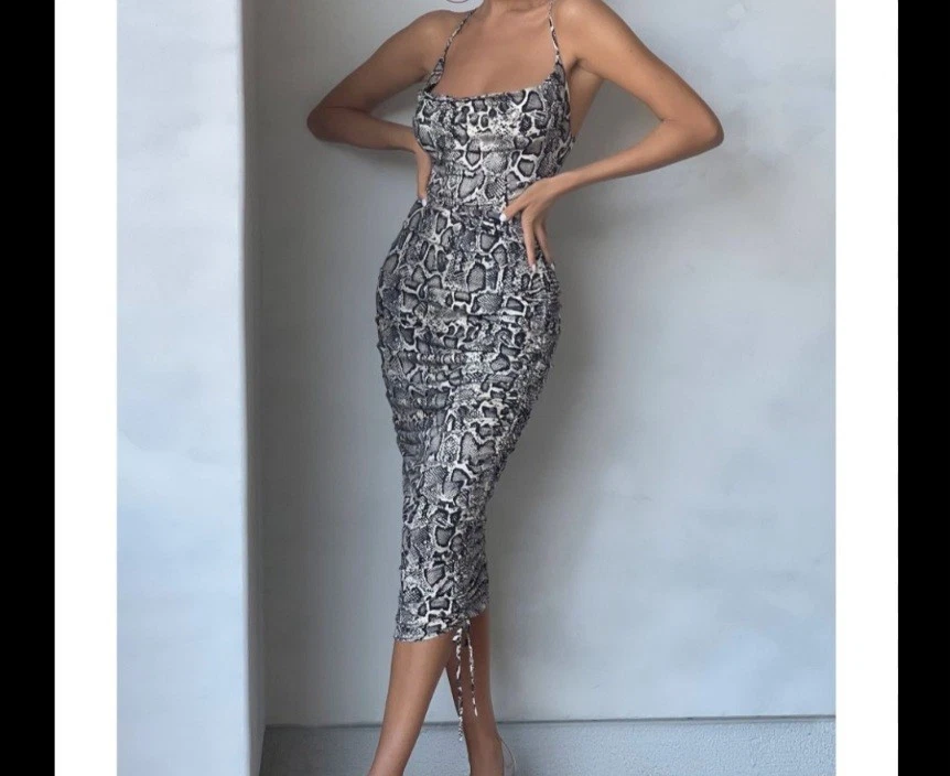 Abito Club L London grigio e nero fantasia pelle di serpente con spalline incrociate incrociate incrociate