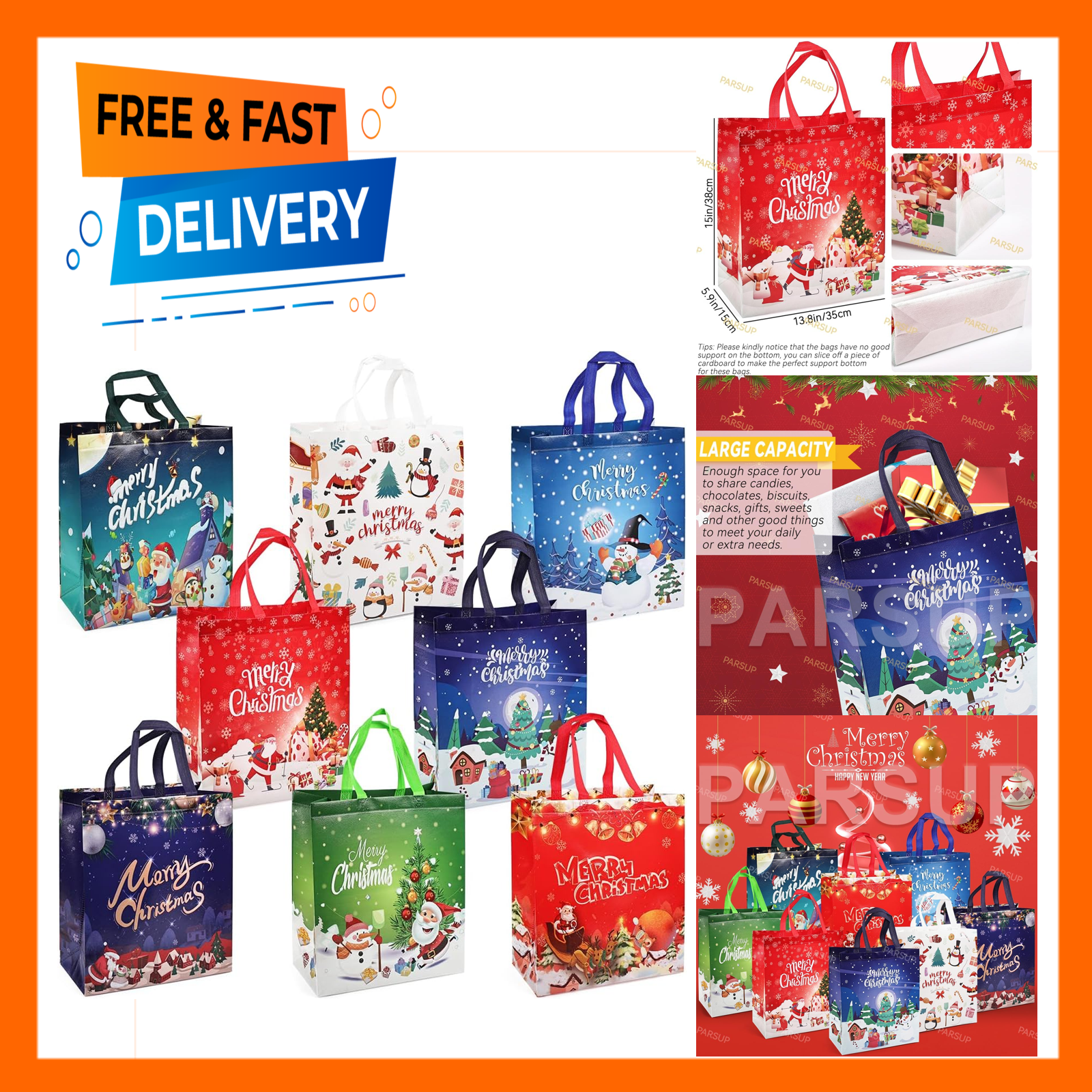 Christmas Gift Bags Non-Woven Fabric 8 Pieces 15.8x13.8x5.9 Inch Multi ...