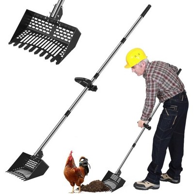 Adjustable 3-in-1 Rake & Sifter with 28-55inch Handle for Stand-Up Coop Cleaning