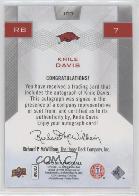 2013 SPx Rookie Signatures /299 Knile Davis #100 Rookie Auto RC - Image 2 of 2