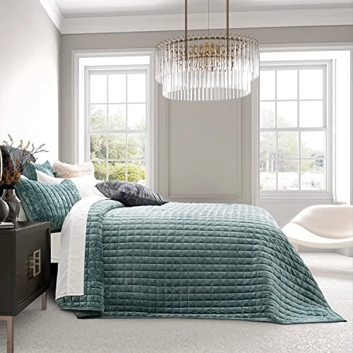 Juego de edredón de terciopelo de lujo tamaño queen completo, completo/queen (88" x 92") verde aguamarina Foto 3 de 4