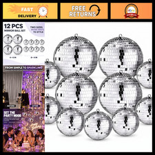 12 Pcs Silver Mirror Disco Ball Set - Multi Size 6''  4'' - Party Decor, Event