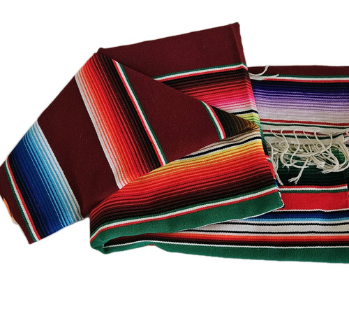 VTG 80's Mexican Saltillo Sarape Striped Colorful Woven Bed Blanket Rug 60 x 86"