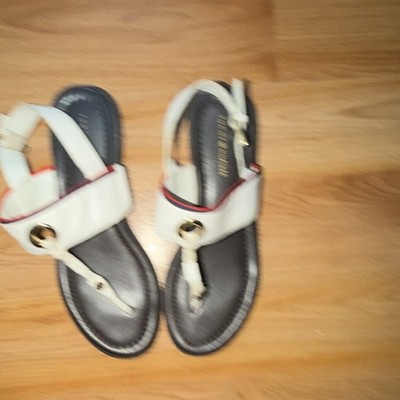 Tommy Hilfiger Logo Buckle Thong Sandals White Straps Women's