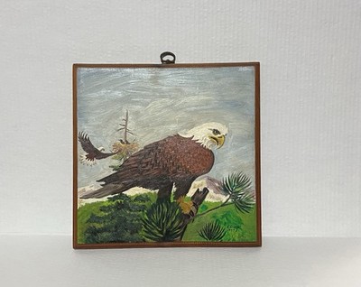 Vintage Bald Eagle Oil Pain Rustic Wood Plaque, 11 x11  Signed By Artist
