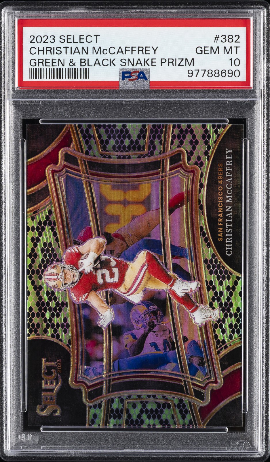 2023 PANINI SELECT GREEN & BLACK SNAKE PRIZM #382 CHRISTIAN MCCAFFREY 1/2 PSA 10