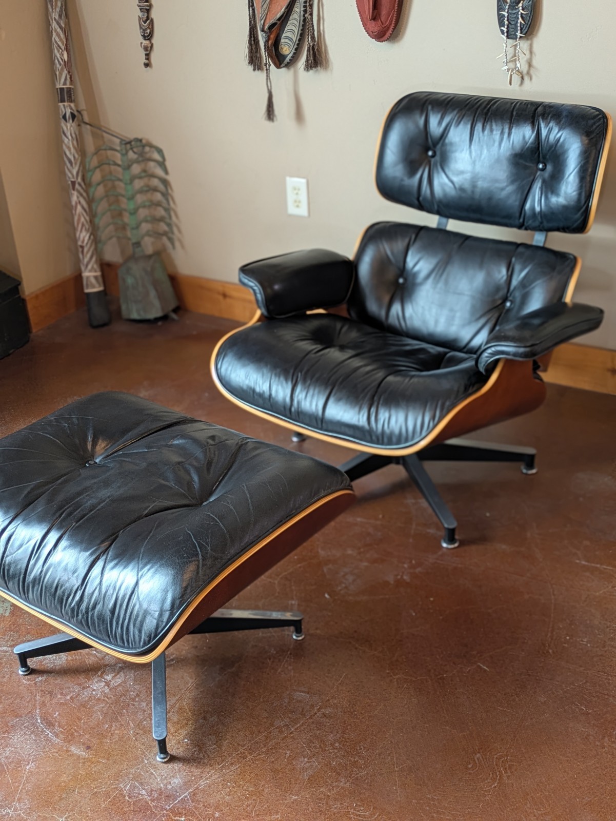 & Ottoman | Black Leather & Walnut...