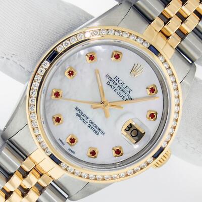 Rolex DateJust 36 MOP Ruby Diamond Watch Steel and 18k Gold Diamond Bezel Watch 