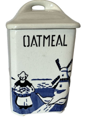 Vintage Adele 8in OATMEAL CANISTER Blue White Dutch Windmill AS IS Chip