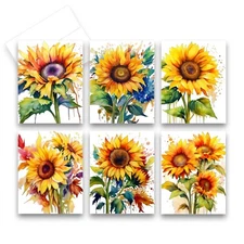 12 Assorted All Occasion Note Cards with Envelopes - SUNFLOWERS ( 2 of Each )