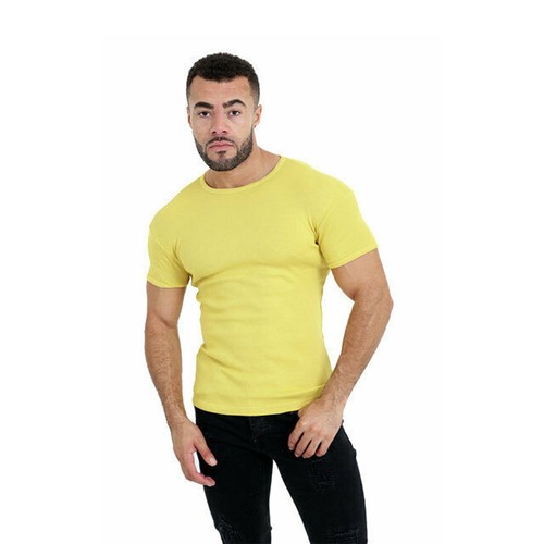 Mens Rib T-Shirt Ribbed Crew Neck Plain 
