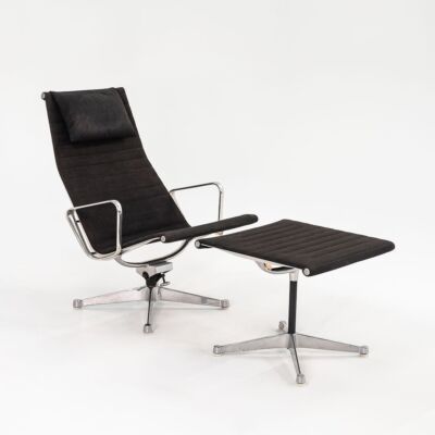 1960s Herman Miller Eames Aluminum Group Lounge Chair and Ottoman w Black Fabric