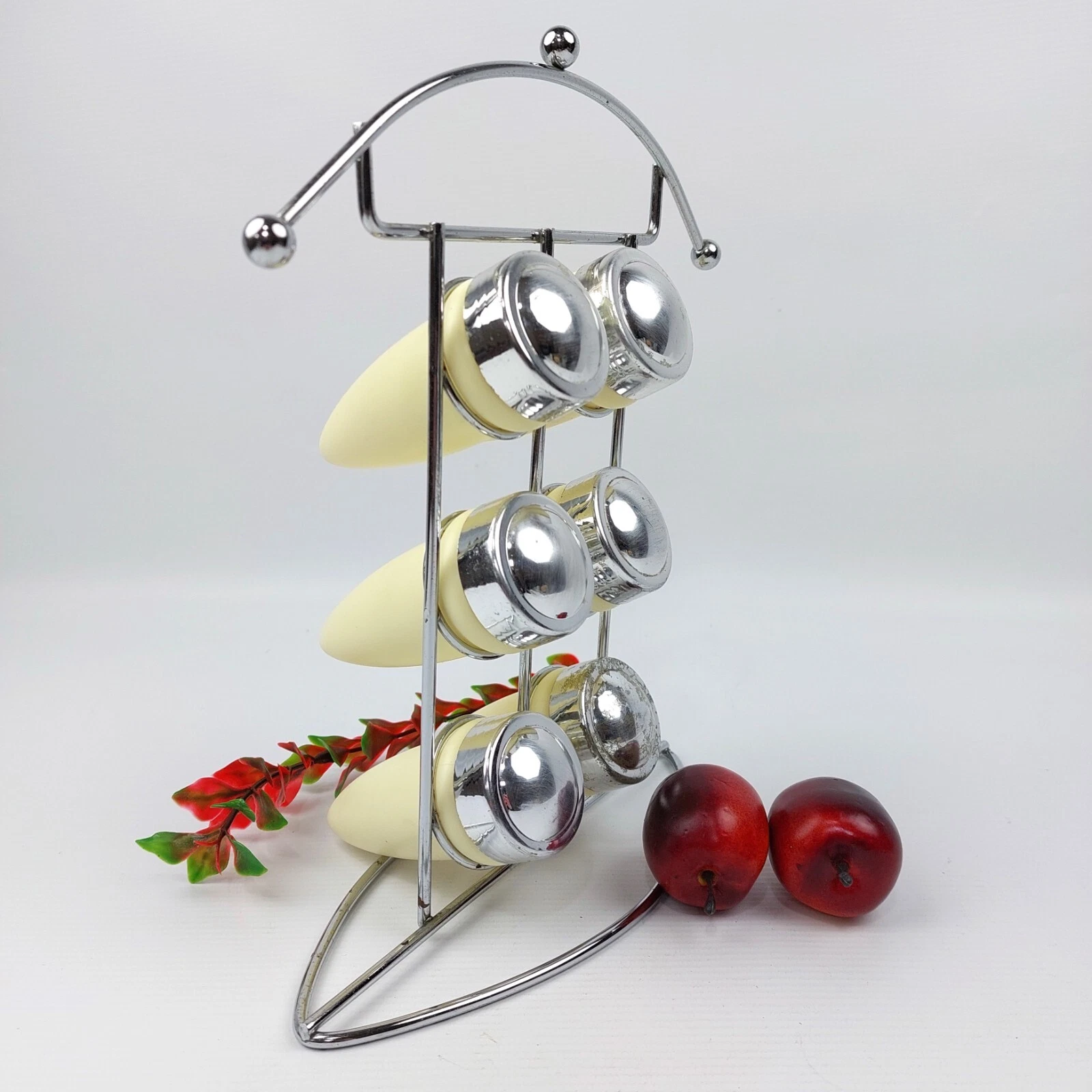 Mid Century Spice Rack with Cream & Silver Plastic Shakers – Retro Kitchen Decor
