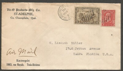 1933 Vir-o Products Airmail Cover 8c Medallion C1 RPO St Adelphe de Champlain PQ