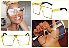 OVERSIZED VINTAGE RETRO Style Clear Lens Flat EYE GLASSES Huge Jumbo Gold Frame