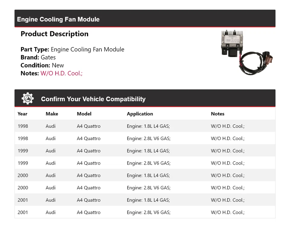 For 1998-2001 Audi A4 Quattro Engine Cooling Fan Module Gates 1999 2000 - Image 2 of 4