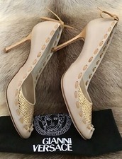 Gianni Versace Couturr Pumps High Heels Beige Napa Leather Gold Studs US 9 VTG
