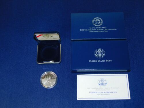 US MINT 2002 US MILITARY ACADEMY WEST POINT DWUSETNALE SREBRNA MONETA PROOF Z COA - Zdjęcie 1 z 10