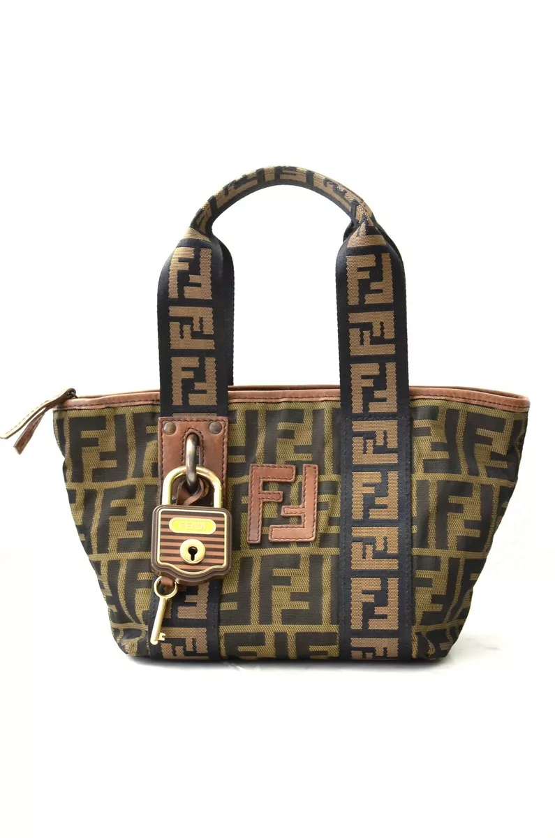 FENDI Zucca Lock u0026 Key Charm RARE Tobacco Canvas Mini Tote Bag | eBay