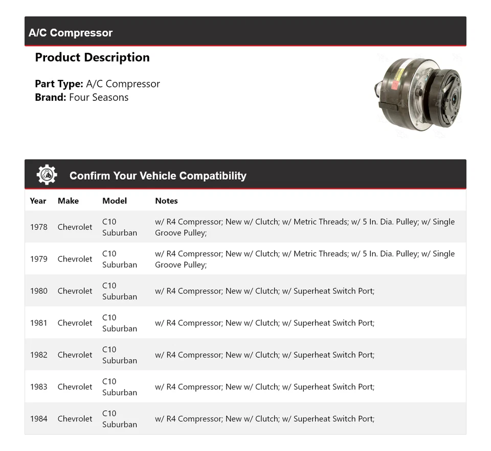 Compresor de aire acondicionado para Chevrolet C10 Suburban 1978-1984 4 estaciones 1979 1980 1981 Foto 2 de 4