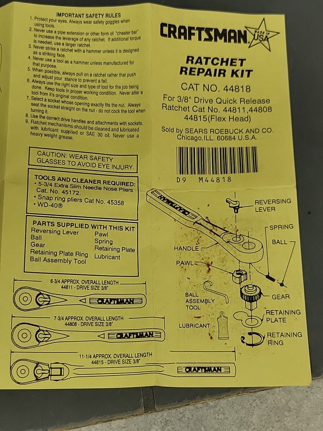 Craftsman 44818 Ratchet Kit 3/8 44811 44808 44815 44813 44834 44835