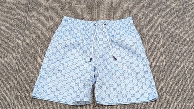 Men's GUCCI Light Blue GG Logo Monogram Swim Trunks Swimsuit 50 Large Auth