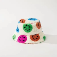 Smiley Face Pattern Fluffy Fuzzy Bucket Hat Adjustable in White Colors