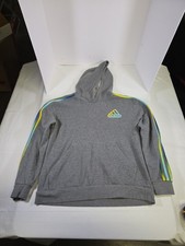 Adidas Gray Pullover Hoodie With Neon Stripe Accents Kids Youth Sweatshirt