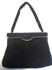 Vintage BLACK BEADED Purse SPRING FLAP Top Tag Removed WALBORG 5" x 7" CLEAN