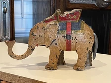 Vtg Cast Iron Elephant Mechanical Coin Bank - Works Trunk Shoots Coin Inside