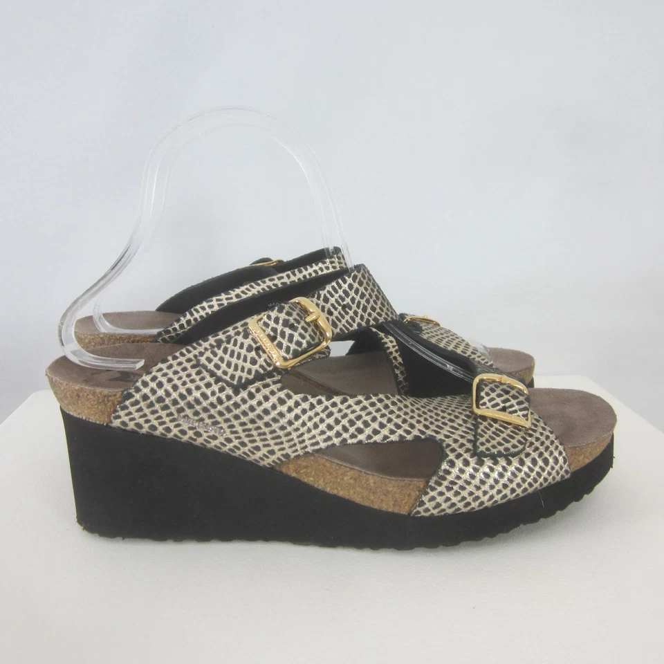 New Mephisto Womens 10 M Black Gold Snakeskin Slide Buckle Platform Sandals 40 - Image 3 of 4