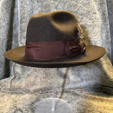 Scala Handmade Wool Felt Fedora Hat Brown Feather Wide Brim Mens LARGE Dress