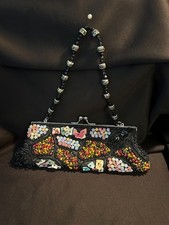 Vintage Black Beaded Evening Bag Purse short and long handles