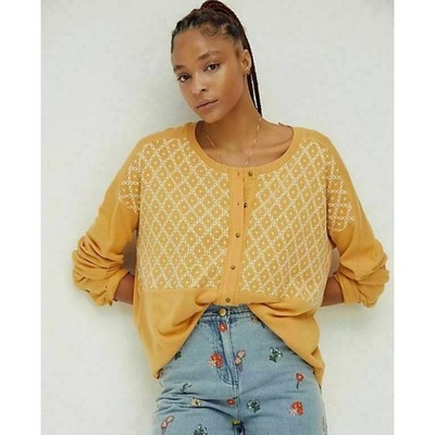 Free People Free Spirit Henley Top Embroidered Hi Low Button Oversized Tunic