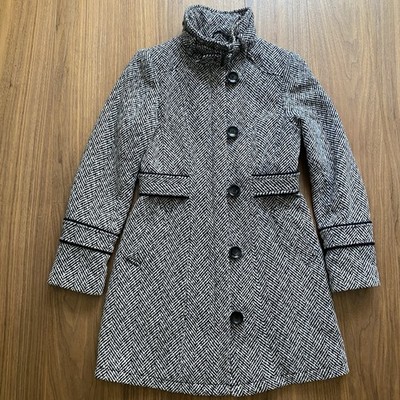 Vtg Esprit Womens Gray Herringbone Wool Blend Belted Coat S Retro Mod Academia
