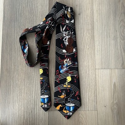 Vintage 90s Looney Tunes Mania 100% Silk Tie 1995 Warner Bros Music Bugs Tazz