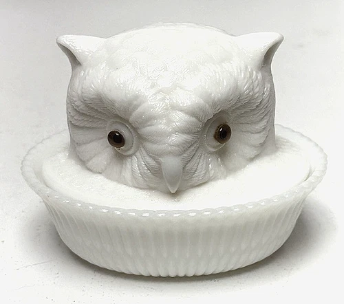 Vintage Antique Milk Glass Covered Animal Dish OWL HEAD On Ribbed Oval Nest Base