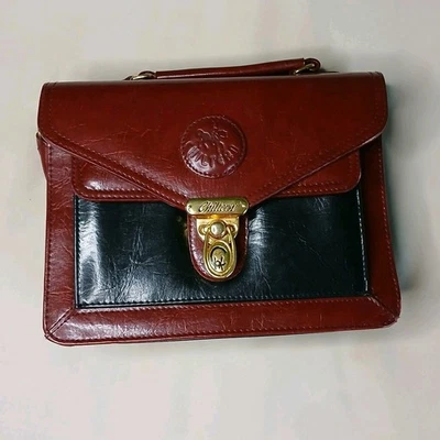 Chiltern Vintage Burgundy/Black Leather Shoulder Handbag Gold Turn Lock Lined - Image 1 of 4