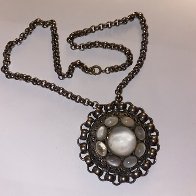 Necklace Edward Stemper NYC vintage big moonstone medallion nice chain AS IS