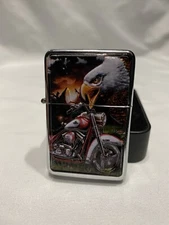 Star® Flip Top Lighter Refillable Colorized Bald Eagle/Motorcycle Embossed