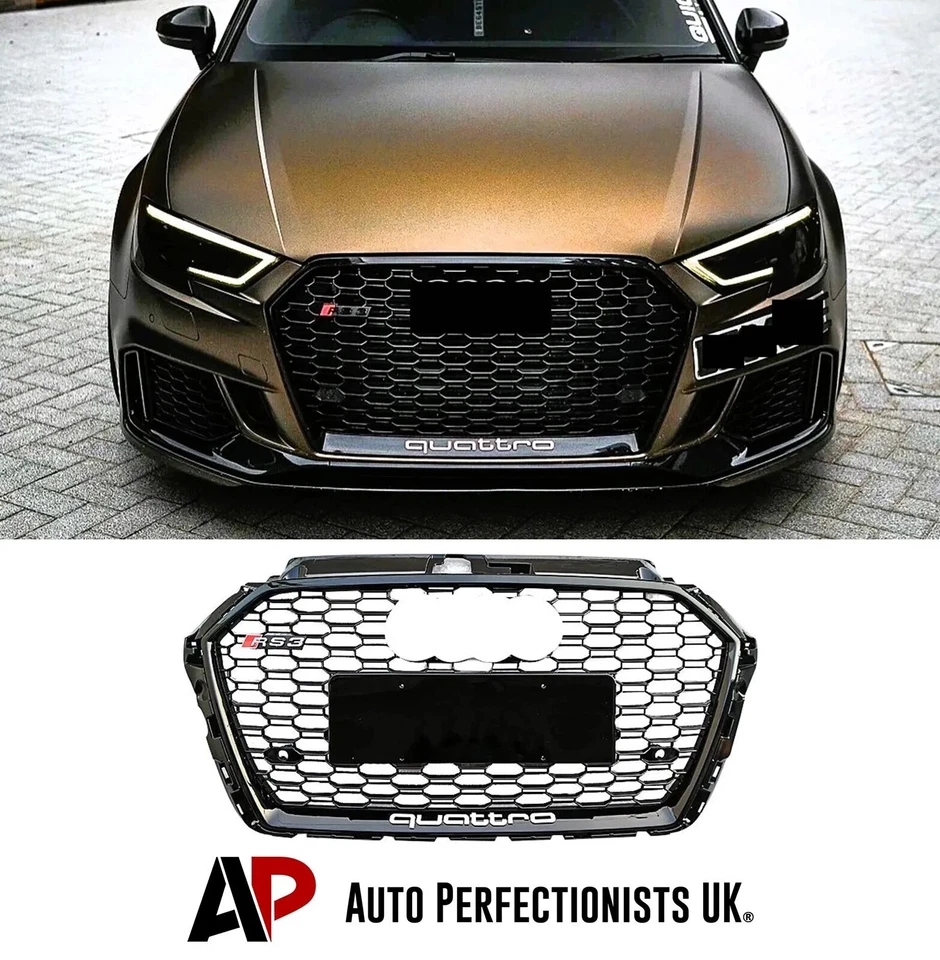 Audi RS3 Style A3 S3 8V Front Main Grille Gloss Black Honeycomb Mesh Grill 17-20