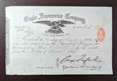 1884 Eagle Insurance Company, Pall Mall, London Ornate Receipt