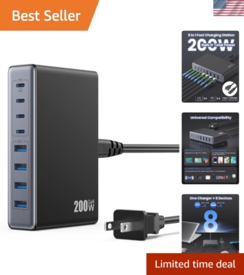 Portable 8-Port USB C Charger Block - 200W Fast Charging for Multiple Devices