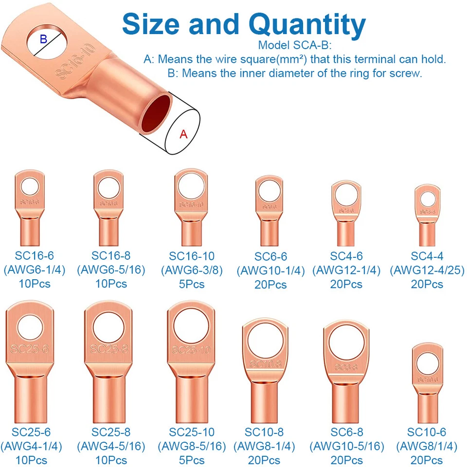 Ensemble 170 Pcs embouts de câbles de batterie en cuivre cosses de fil robustes - Photo 2/4