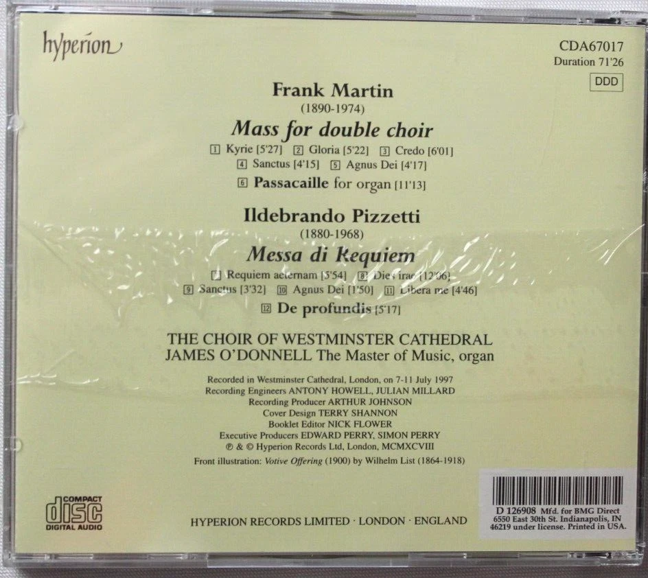 FRANK MARTIN MASS ДЛЯ ДВОЙНОГО ХОРА PIZZETTI MESS DI РЕКВИЕМ [НОВЫЙ КОМПАКТ-ДИСК] - Изображение 2 из 4