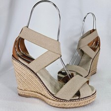 Tory Burch Sandals Womens 7B Khaki Frieda Stripe Platform Espadrille Wedge Heel