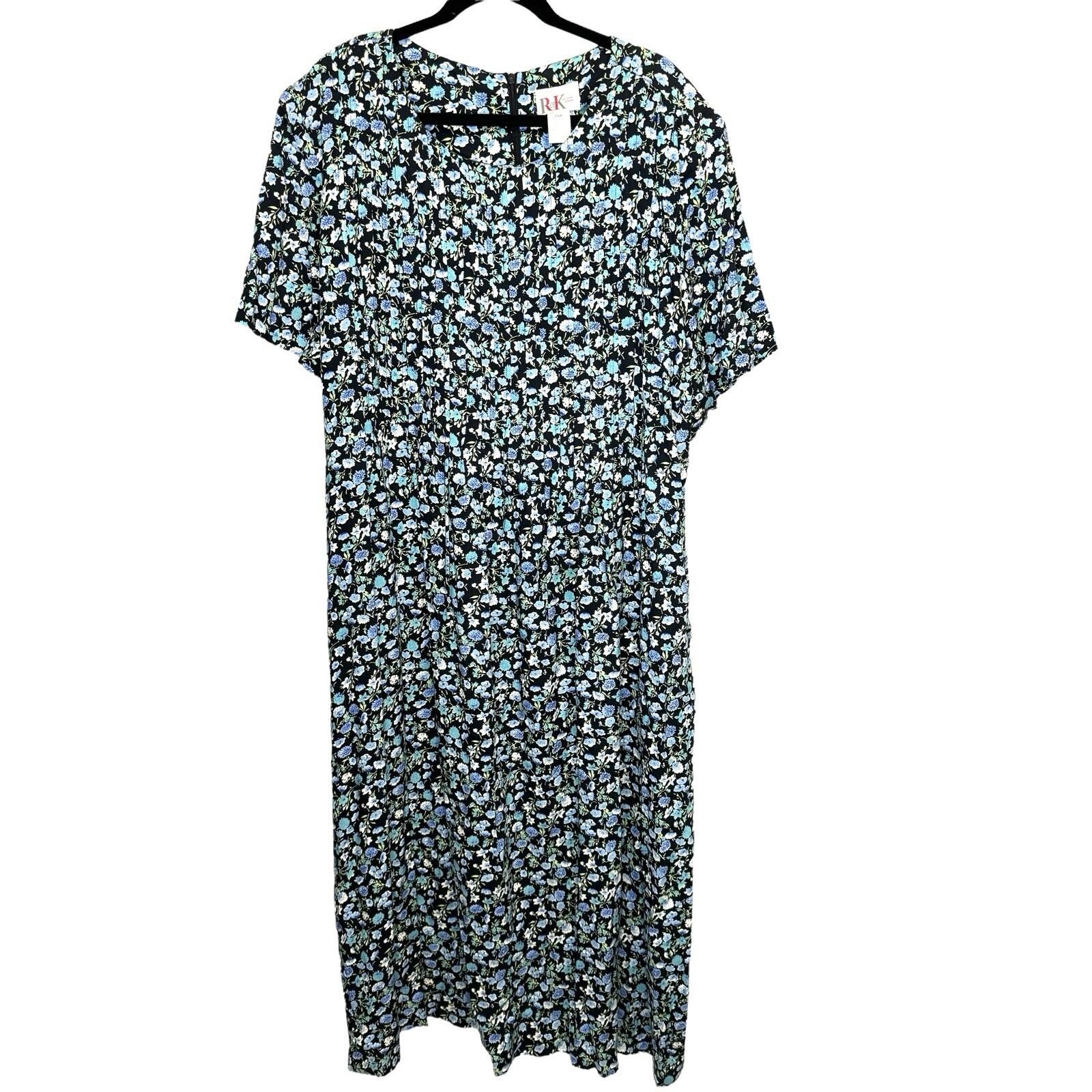 Vintage R&K Blue Floral Maxi Midi Dress Plus Size 22 Prairie Cottage Core Boho