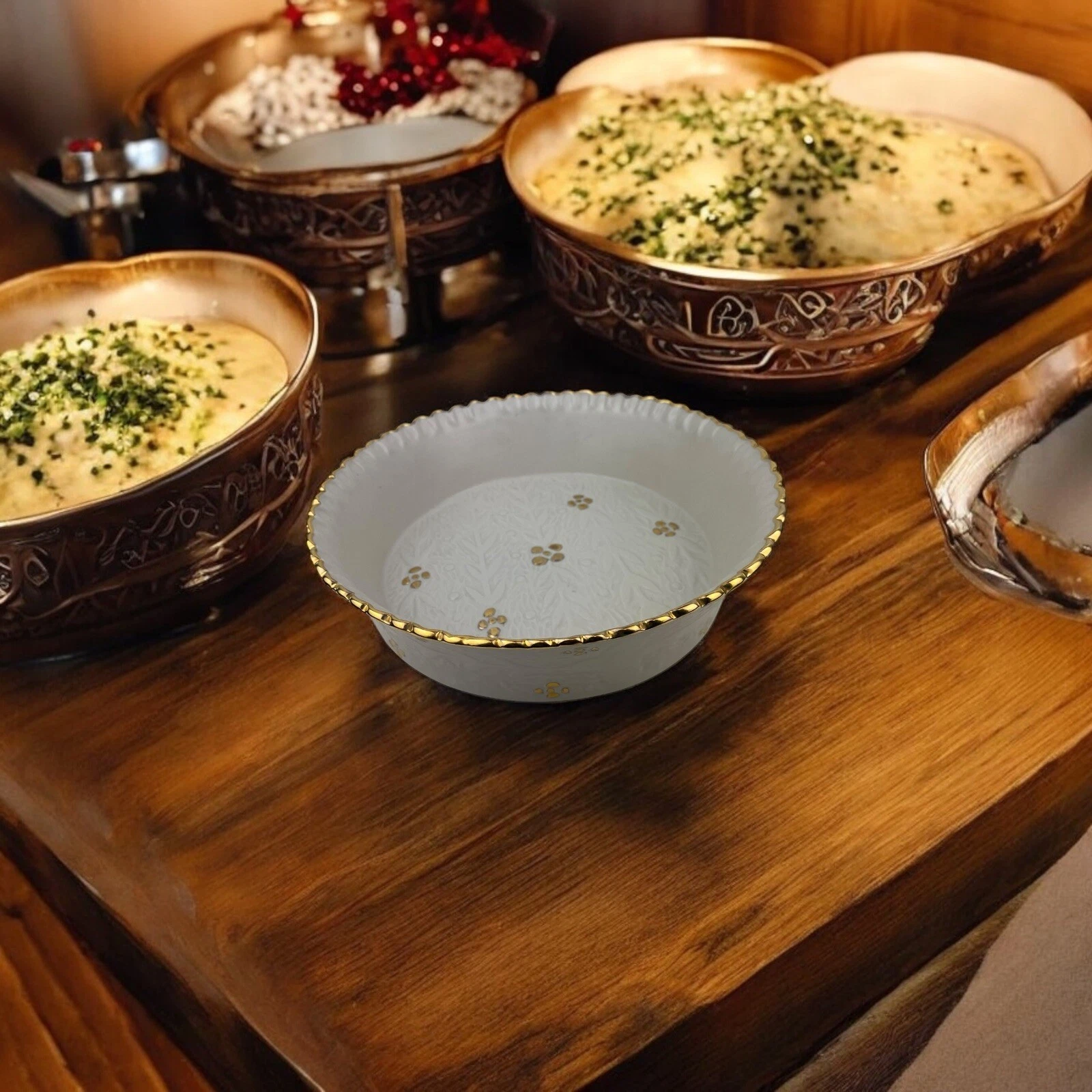 Anthropologie Amanda Blair Dexheimer Adorned Pie Dish Cream Gold Birds Berries